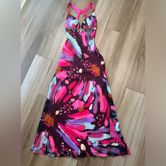 Pink Purple Colorful Abstract Embellished Gown Maxi Prom Dress - Picture 3 of 16